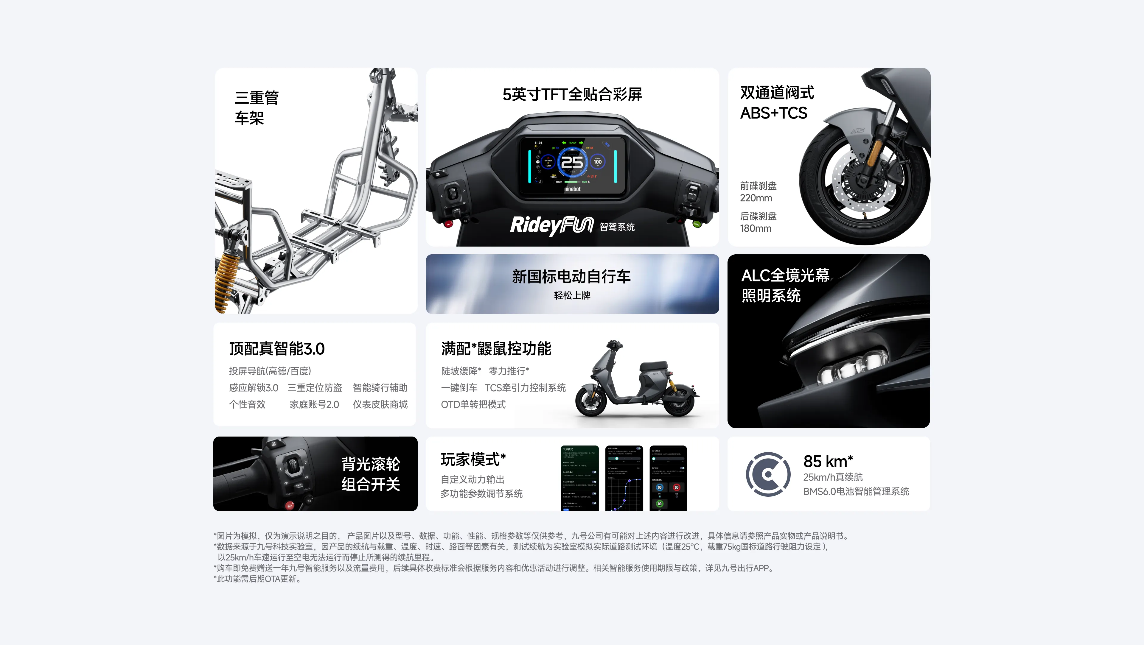 三重管车架 - 5英寸TFT全贴合彩屏 - 双通道阀式ABS+TCS - 顶配真智能3.0 - 新国标电动自行车 - ALC全境光幕照明系统 - 满配*鼹鼠控功能 - 背光滚轮组合开关 - 玩家模式* - 85 km*
